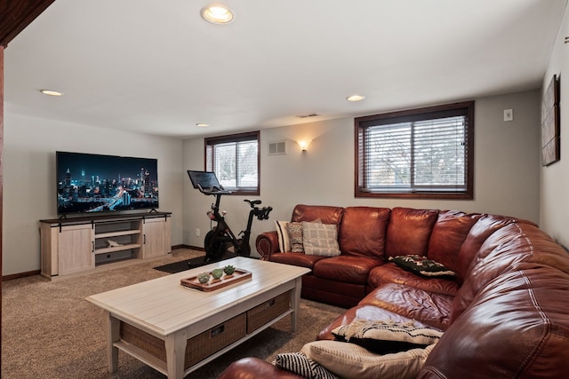 carpeted living room featuring visible vents, recessed lighting, and baseboards