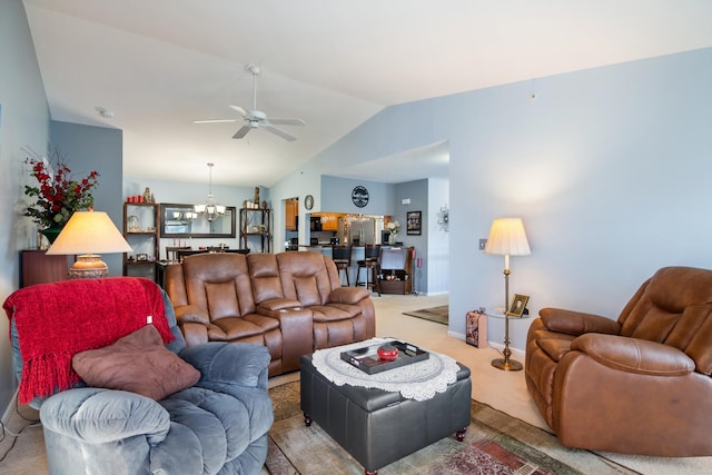 carpeted living room featuring ceiling fan with notable chandelier, baseboards, and lofted ceiling