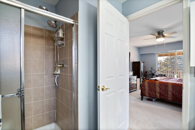 full bathroom with ensuite bath, a stall shower, and a ceiling fan