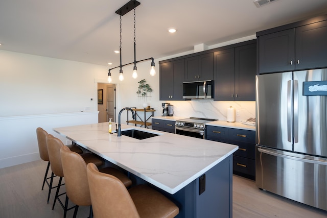 kitchen featuring a sink, a breakfast bar, backsplash, and stainless steel appliances