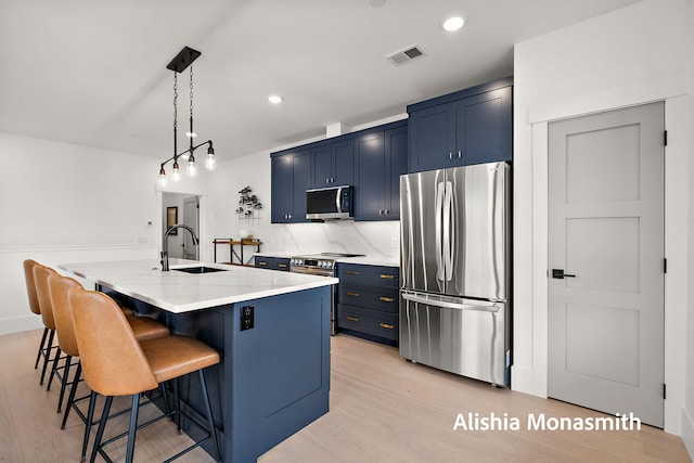 300 Washington Ave Unit 1, Grand Haven, MI 49417 - kitchen featuring appliances with stainless steel finishes, blue cabinetry, a kitchen bar, light wood-style flooring, and a center island with sink