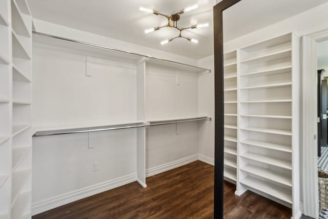 spacious closet featuring wood finished floors and a chandelier