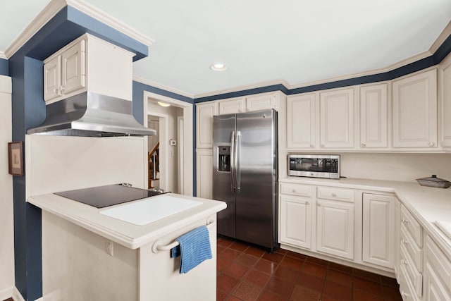 kitchen featuring stainless steel appliances, island range hood, and white cabinetry