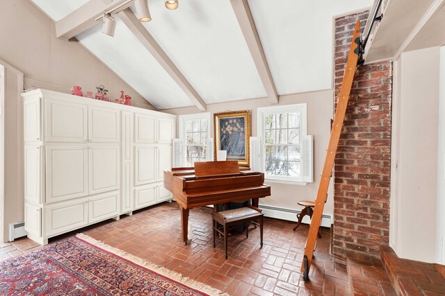 sitting room with a ceiling fan, a baseboard heating unit, brick floor, a baseboard radiator, and vaulted ceiling with beams