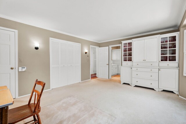 unfurnished office with light colored carpet, baseboards, and ornamental molding