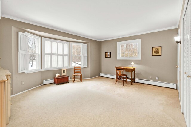 sitting room with baseboard heating, light colored carpet, and ornamental molding