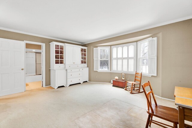 interior space featuring light carpet, crown molding, and baseboards