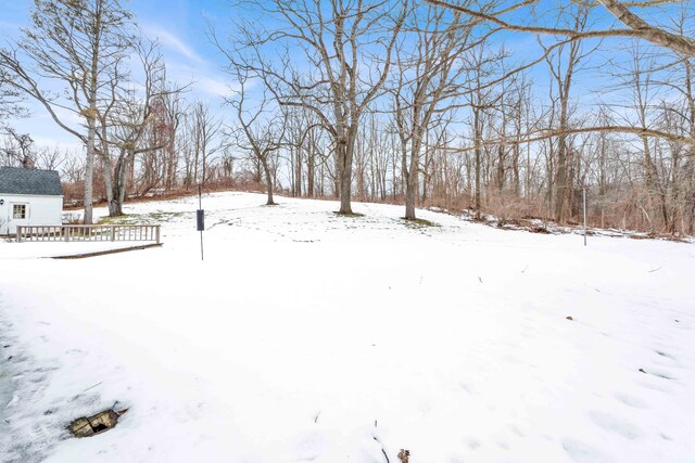 snowy yard with an outbuilding