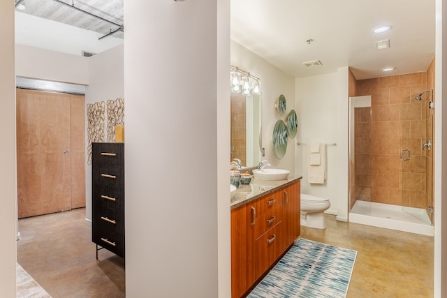 bathroom featuring a sink, visible vents, concrete flooring, and a stall shower