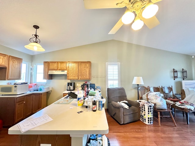 kitchen featuring white microwave, under cabinet range hood, open floor plan, vaulted ceiling, and light wood-style flooring