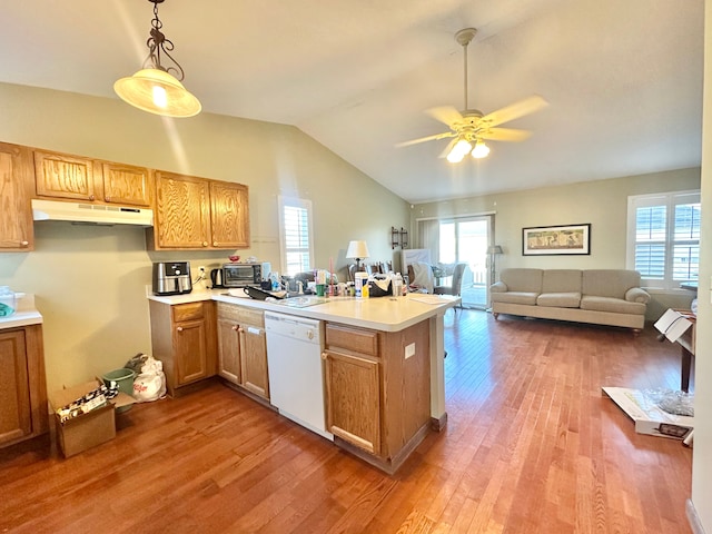 kitchen featuring under cabinet range hood, dishwasher, light countertops, a peninsula, and wood finished floors