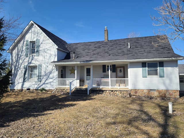 view of front of home with crawl space, a porch, a chimney, and a shingled roof