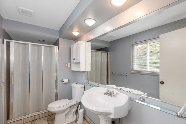 full bathroom with a sink, visible vents, toilet, and a stall shower