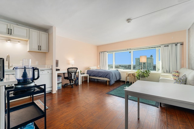 bedroom featuring dark wood-type flooring and a view of city