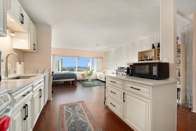 kitchen featuring dark wood-style flooring, a sink, black microwave, range, and open floor plan