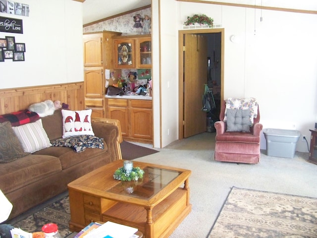 living room with a wainscoted wall, lofted ceiling, and carpet