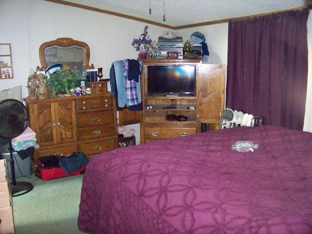 carpeted bedroom with ornamental molding