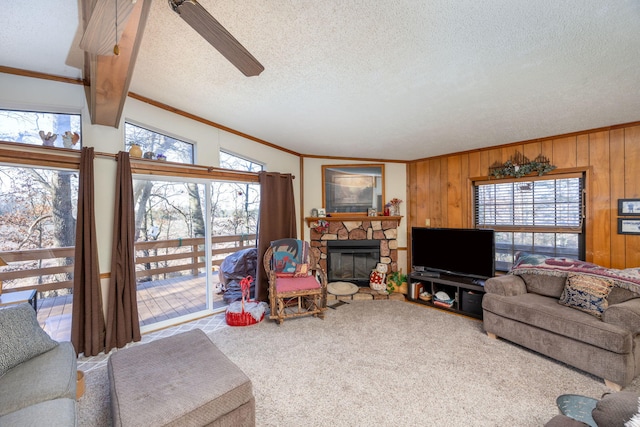 living area with a stone fireplace, carpet, a wealth of natural light, and a textured ceiling