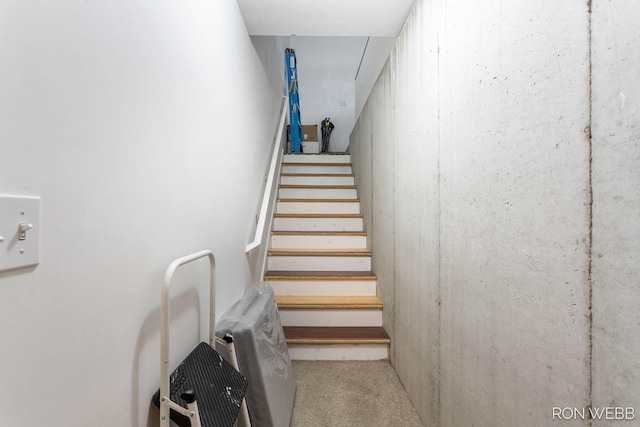 stairway featuring carpet flooring