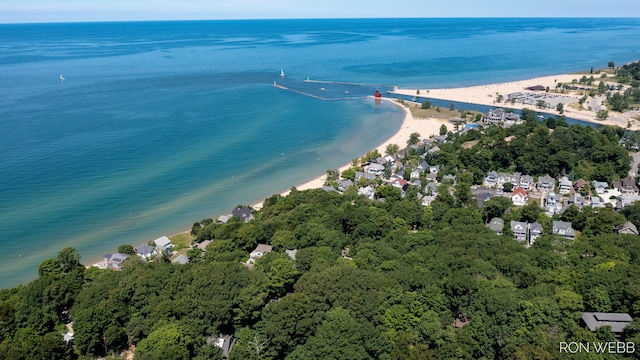 bird's eye view featuring a beach view and a water view