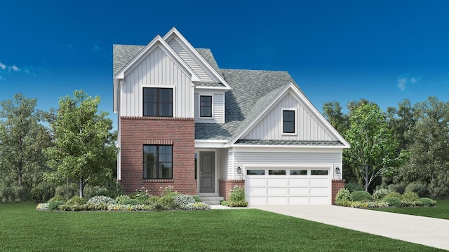 view of front facade with a front lawn, board and batten siding, driveway, and roof with shingles