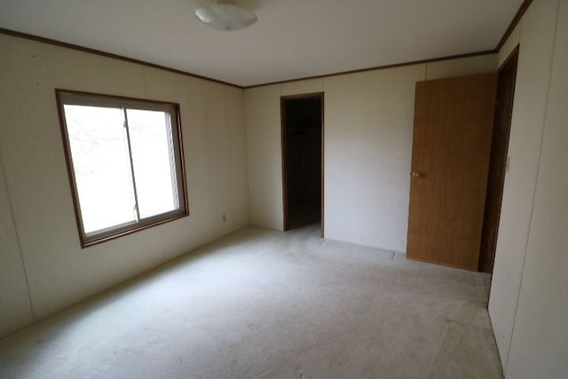 empty room with light colored carpet and ornamental molding