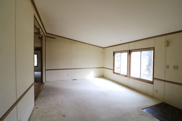 spare room with light colored carpet and ornamental molding