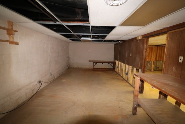 finished basement featuring concrete block wall