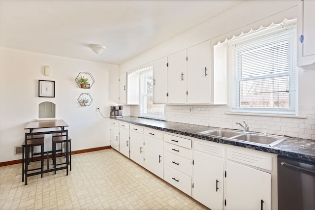 kitchen featuring white cabinetry, a sink, stainless steel dishwasher, dark countertops, and backsplash