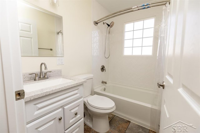 bathroom with toilet, vanity, and shower / bath combination with curtain