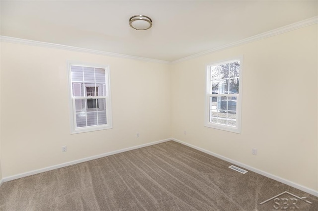 empty room with crown molding, carpet, visible vents, and baseboards