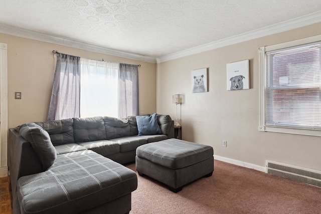 carpeted living area with visible vents, baseboards, and crown molding