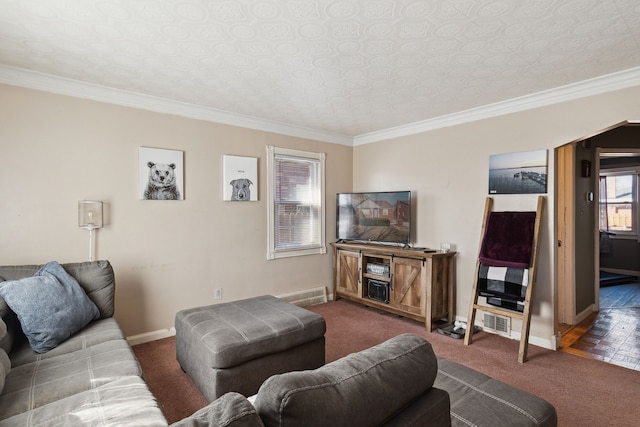 carpeted living area with visible vents, baseboards, and ornamental molding