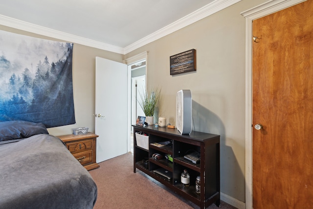 carpeted bedroom with ornamental molding