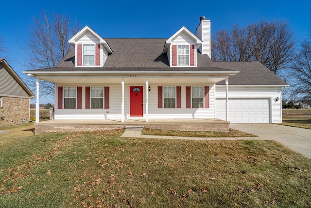 cape cod home with a front lawn, a porch, concrete driveway, a shingled roof, and a garage