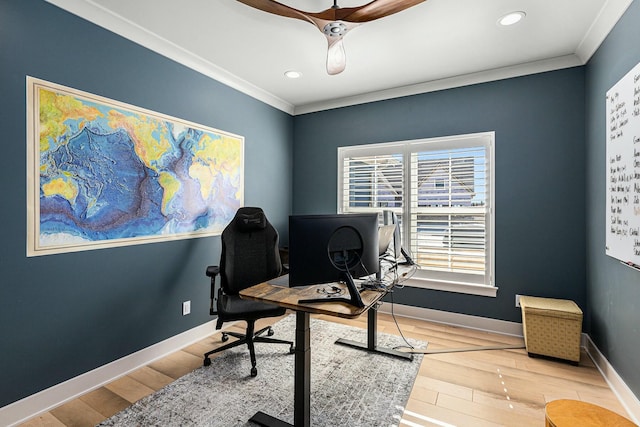 office featuring recessed lighting, wood finished floors, baseboards, and ornamental molding