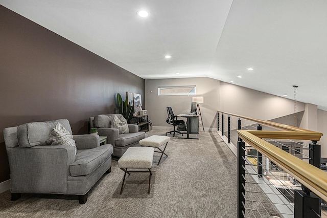 living area with vaulted ceiling, carpet flooring, recessed lighting, and baseboards