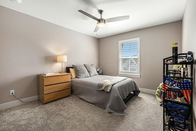 bedroom featuring baseboards, carpet, and ceiling fan