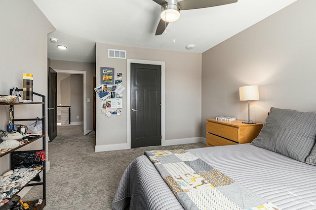 bedroom featuring carpet flooring, baseboards, visible vents, and a ceiling fan