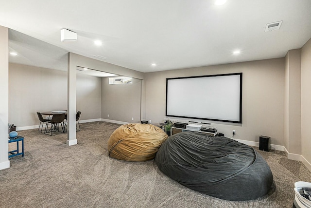 cinema with recessed lighting, visible vents, carpet floors, and baseboards