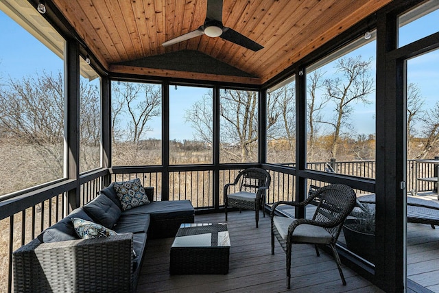 sunroom / solarium featuring lofted ceiling, wood ceiling, and ceiling fan