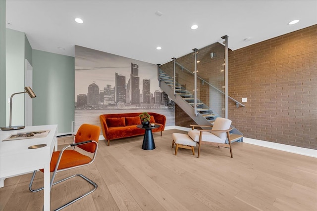 interior space featuring stairway and a view of city