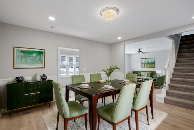 dining area with recessed lighting, light wood-style floors, stairs, and ceiling fan