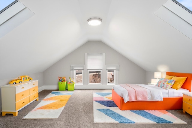 bedroom with vaulted ceiling and carpet