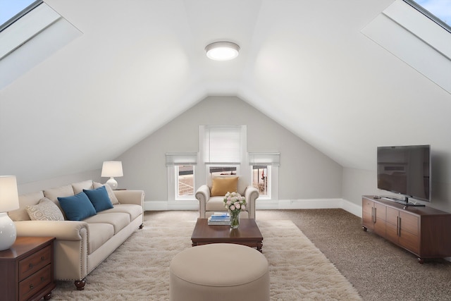 carpeted living room with baseboards and lofted ceiling