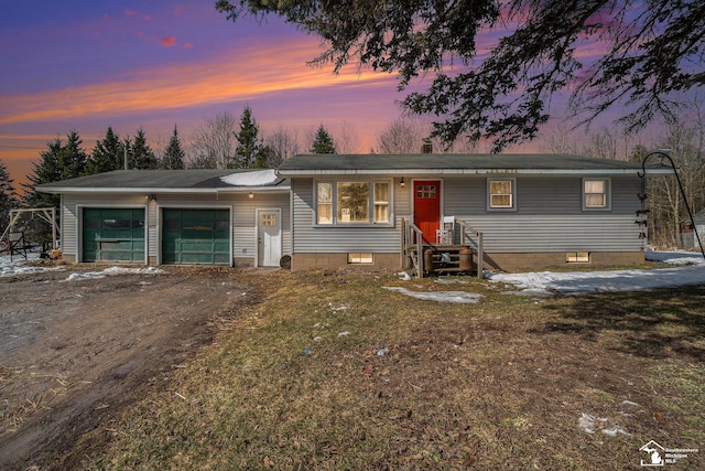 view of front of property featuring an attached garage, dirt driveway, and crawl space