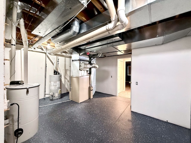 unfinished basement with heating unit and water heater