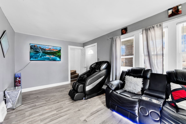 cinema with baseboards and light wood-style flooring