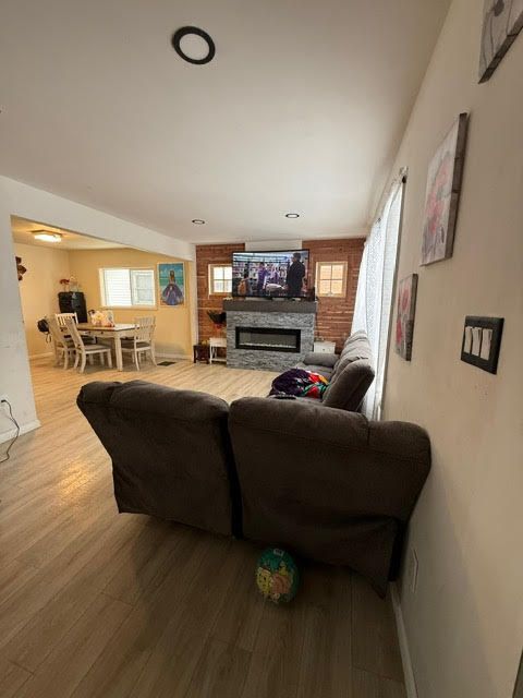 living room featuring wood finished floors, a fireplace, and baseboards