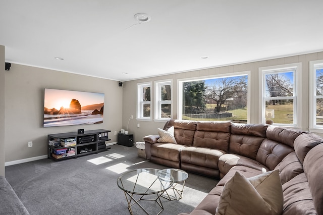 living room with carpet flooring and baseboards